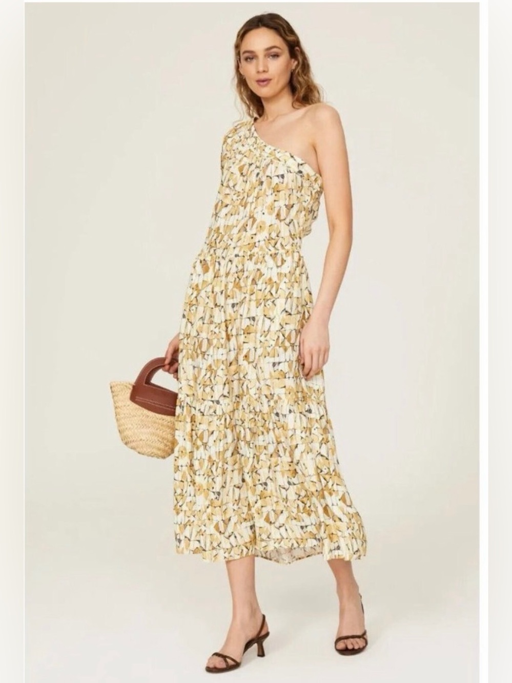Sita Murt Yellow One Shoulder Midi A-Line Dress Yellow & White - 8/10